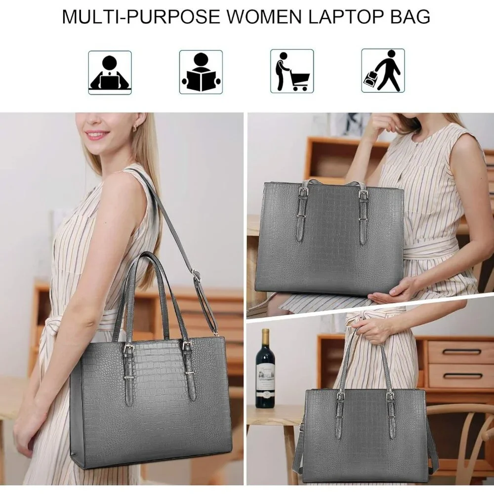〽️Women Grey Leather Waterproof Professional Shoulder Bag 15.6 Inch Laptop Bag
